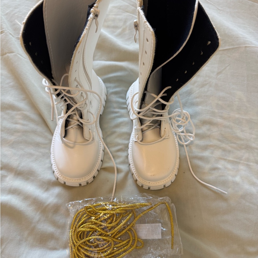 White Kids Lace-Up Combat Boots with Removable Laces